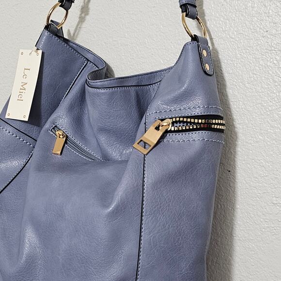 LeMiel Vegan Leather Blue 15" x 16" tote Shoulder Bag - Picture 6 of 12